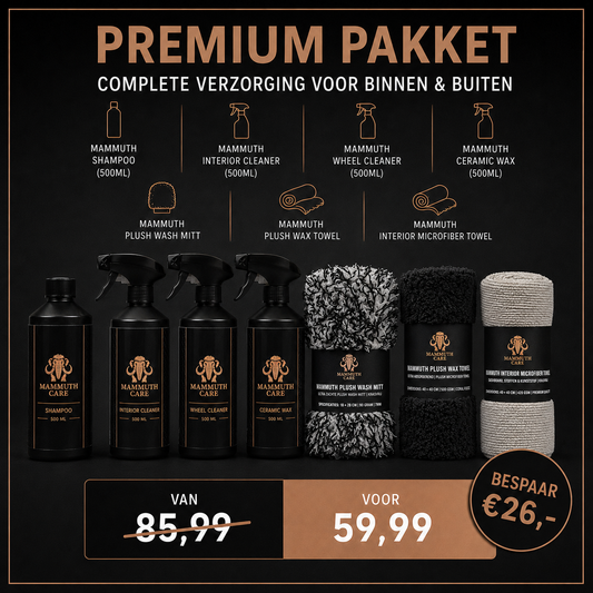 Mammuth Care Premium Pakket: 11-delige autoverzorgingsset met zwarte flessen, wash mitt en microfiber doekjes
